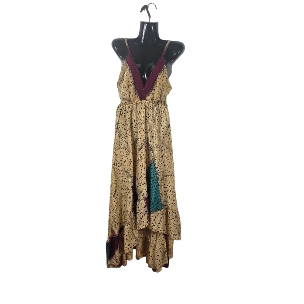 Silk Maxi Dress Womens OS Tan Patchwork Boho Festival Gypsy Ethnic Hippie
